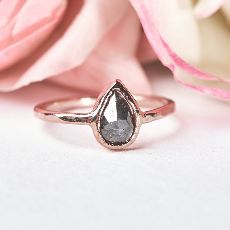 Lilou Pear Gray Diamond Engagement Ring 14k Rose Gold Hammered - MTD