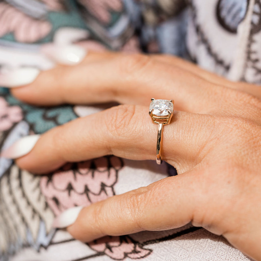Eva | Cushion Cut Moissanite Engagement Ring Hammered 14k Gold Band - MTD