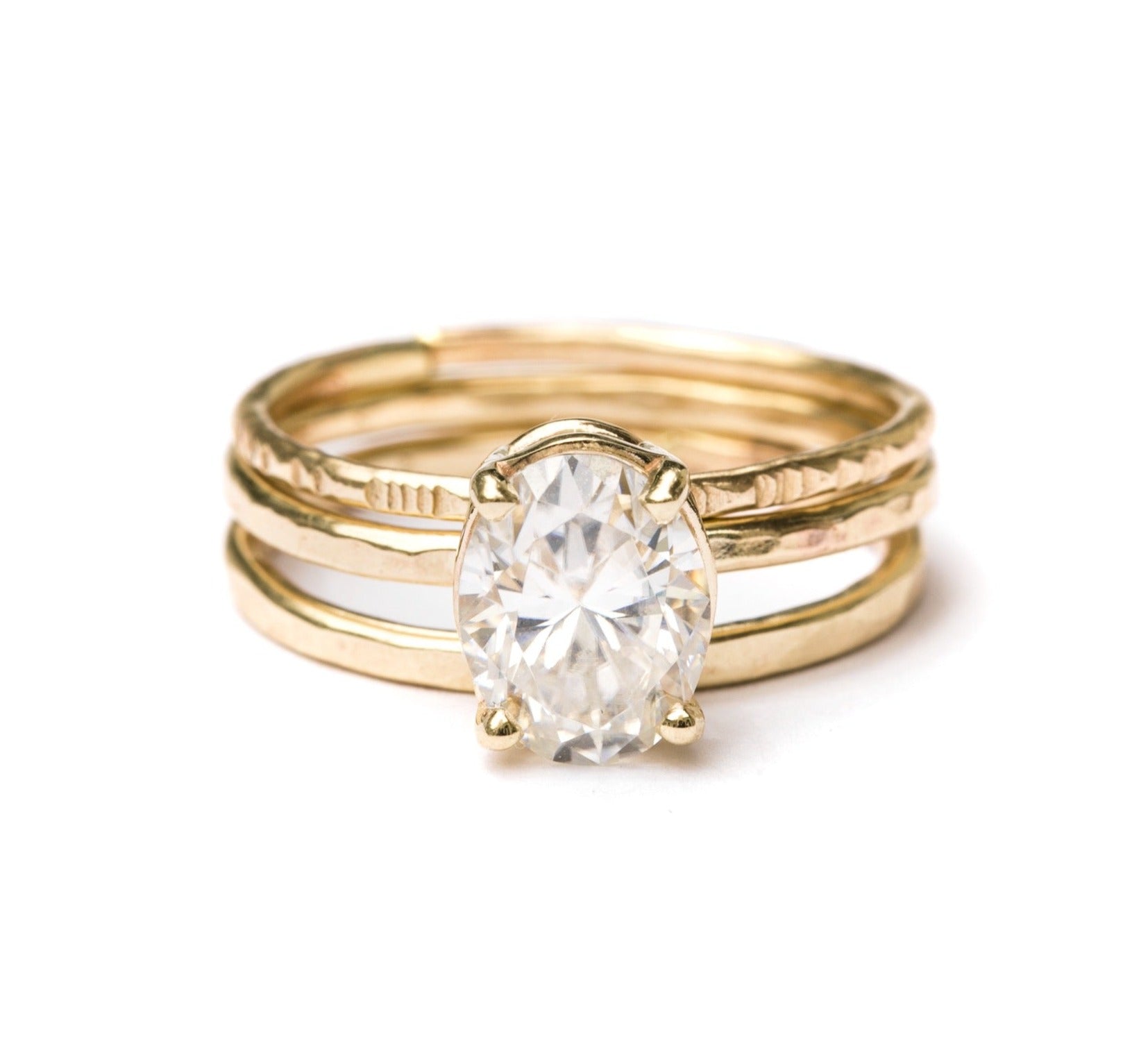 Abela Oval Moissanite Engagement Ring Stacking Set Hammered 14k Gold