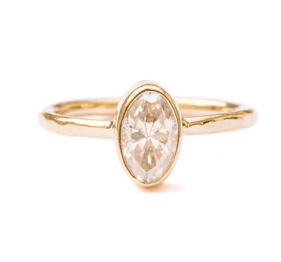 Enchanted | Oval Moissanite Engagement Ring Hammered 14k Yellow Gold - MTD