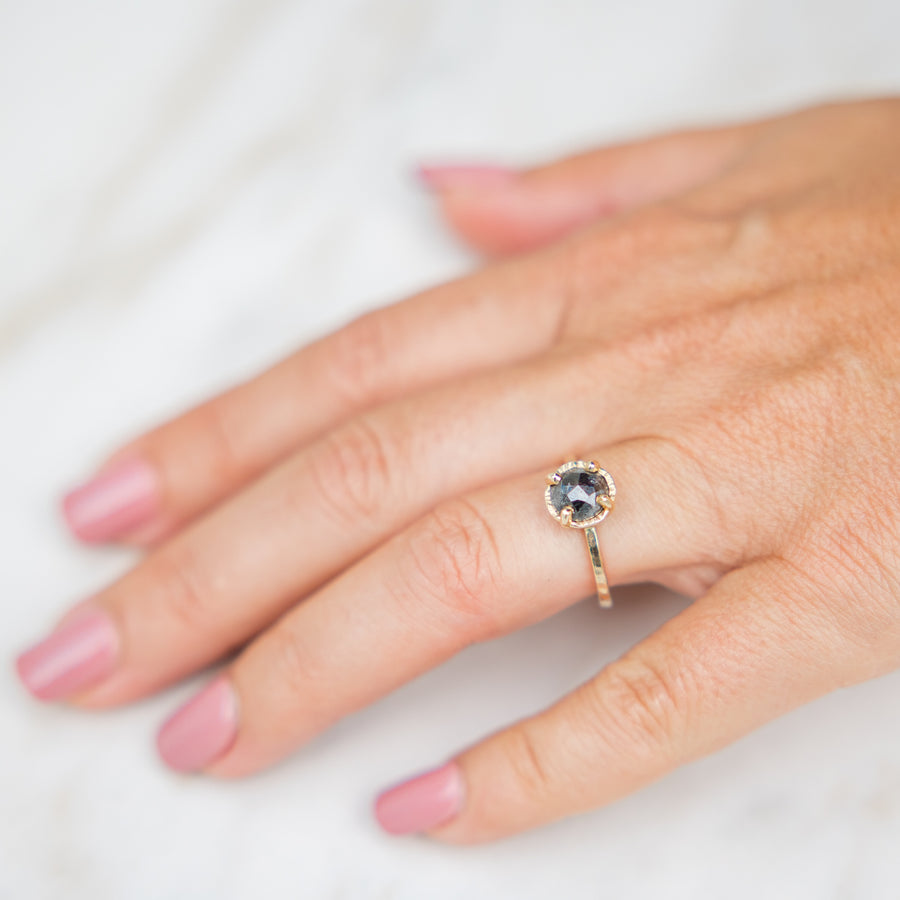 Galactic Dreams | Black Salt and Pepper Round Diamond Engagement Ring Hammered Halo - MTD