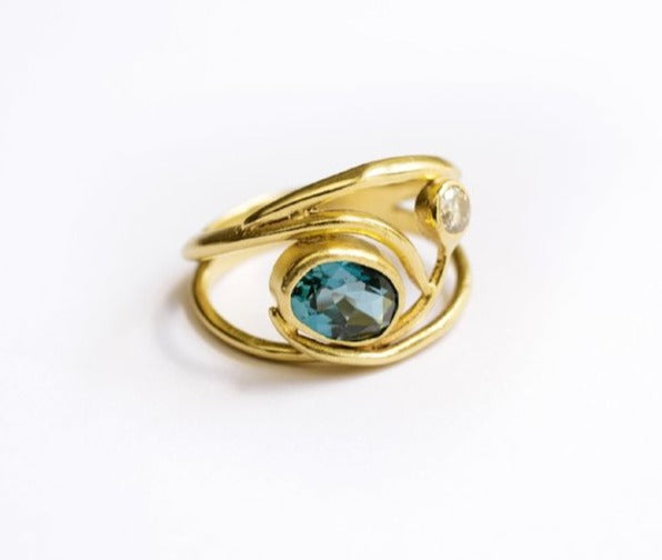 Blue Dahlia | Organic Split Band Engagement Ring Diamond & Blue Topaz - Melissa Tyson Designs