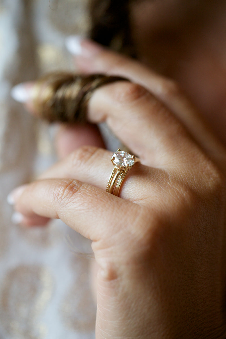 Sarina | Oval Diamond Thin Band Engagement Ring Stacking Set 14k Hammered Gold - Melissa Tyson Designs