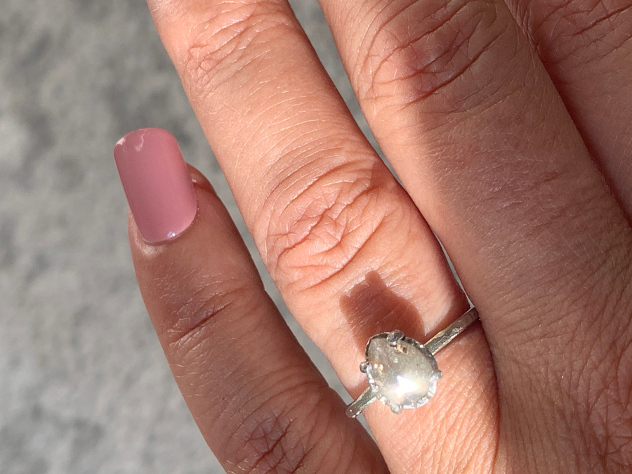 Morning Dew | Salt and Pepper Pear Engagement Ring Hammered Halo 14k White Gold - MTD