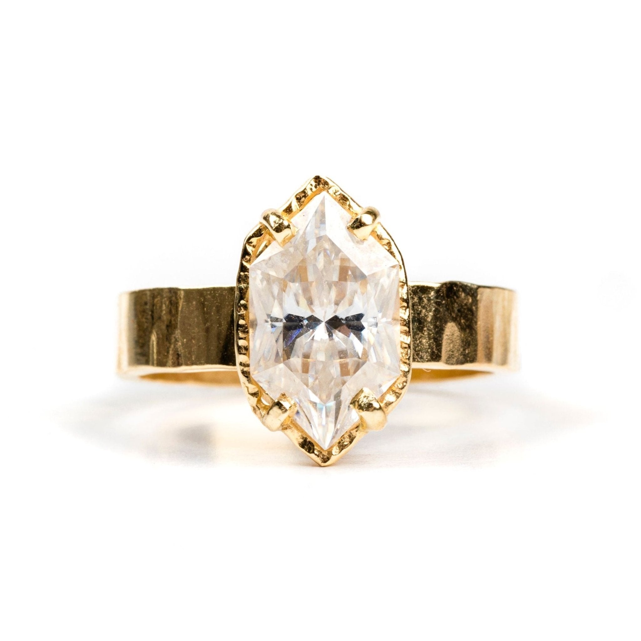 Hammered Halo Elongated Hexagon Moissanite with Wide Hammered Band - MTD