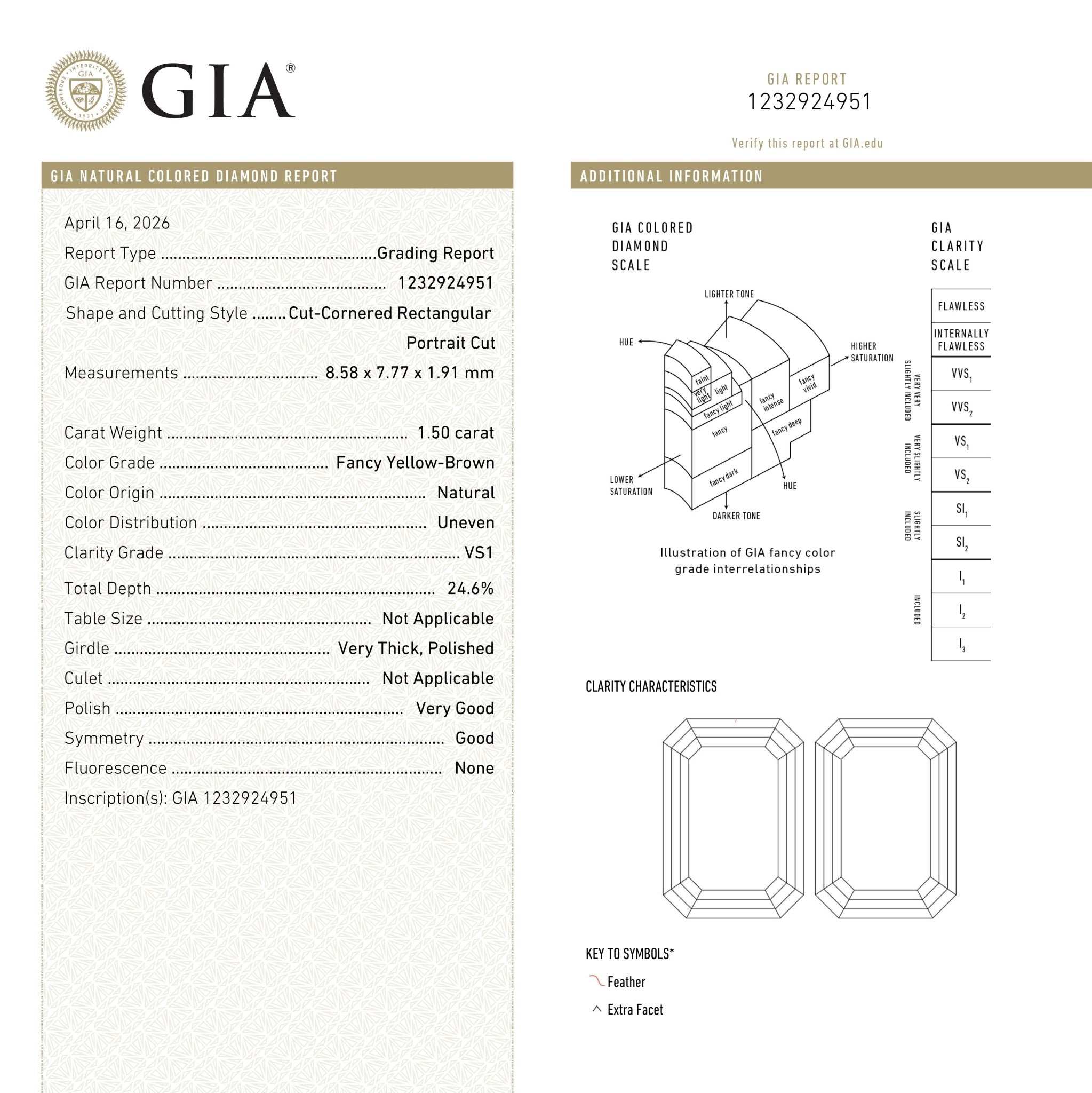 1.50ct 8.58x7.77x1.91mm GIA VS1 Fancy Yellow-Brown Cut Corner Rectangle Portrait Cut 28017-01 - MTD