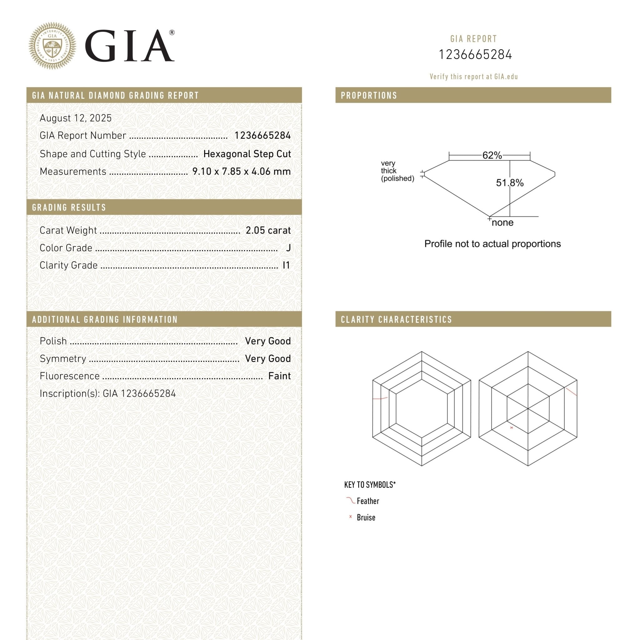 2.05ct 9.10x7.85x4.06mm GIA I1 J Hexagon Step Cut 24276-01 - MTD