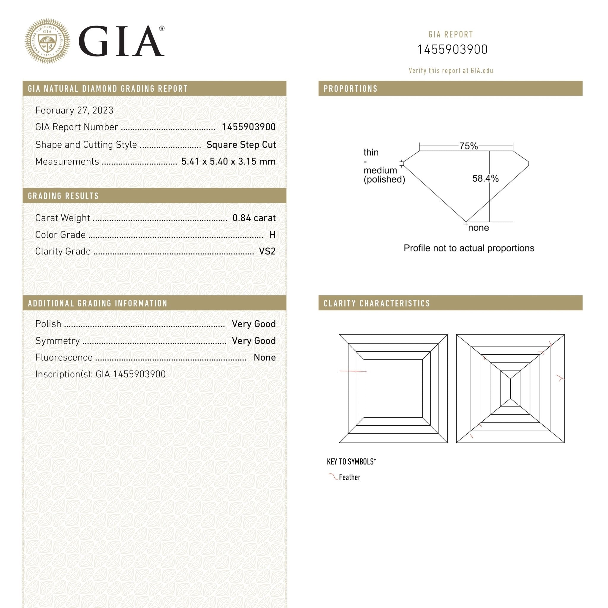 0.84ct 5.39x5.39x3.12mm GIA H VS2 Carré Step Cut 23034-01 - MTD