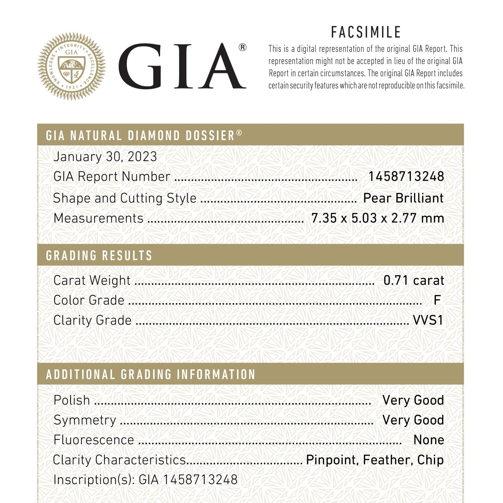 0.71ct 7.35x5.03x2.77mm GIA VVS1 F Pear Brilliant 24447 - 01 - MTD