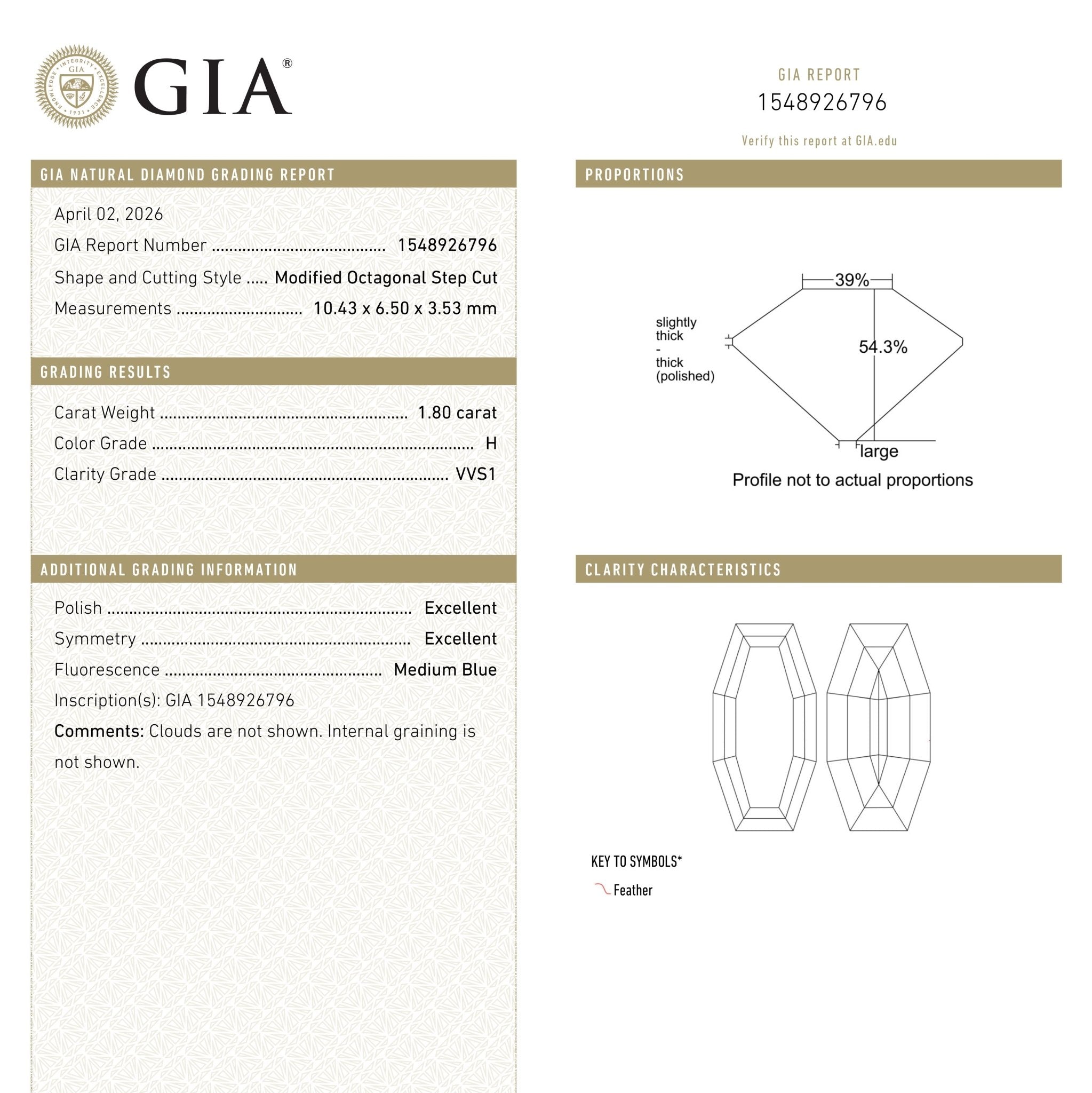1.80ct 10.43x6.50x3.53mm GIA VVS1 H Cut Corner Rectangle Step Cut 28011-01 - MTD