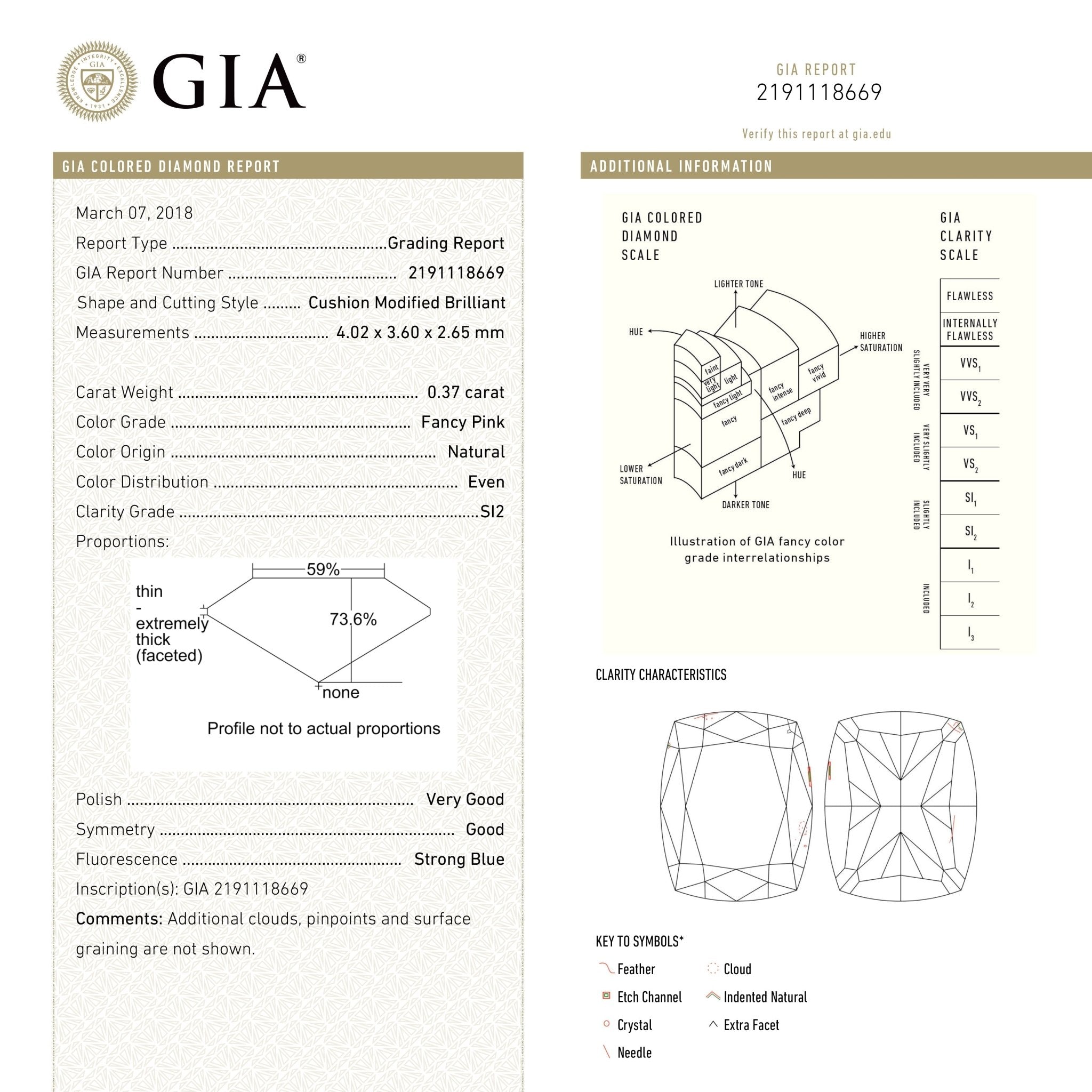 0.37ct 4.02x3.60x2.65mm GIA SI2 Fancy Pink Cushion Brilliant 🇦🇺 24141 - 01 - MTD