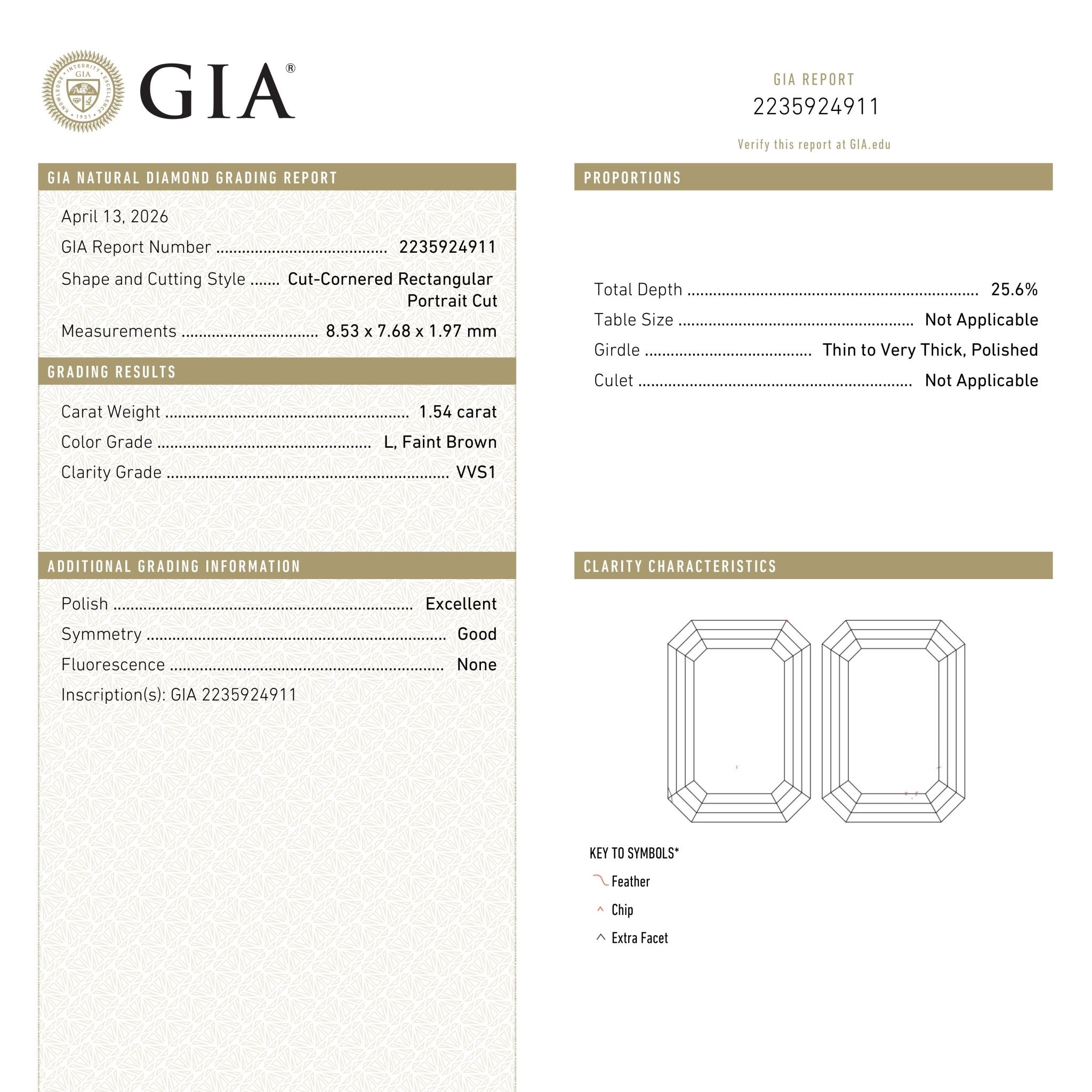 1.54ct 8.53x7.68x1.97mm GIA VVS1 L Cut Corner Rectangle Portrait Cut 28016-01 - MTD