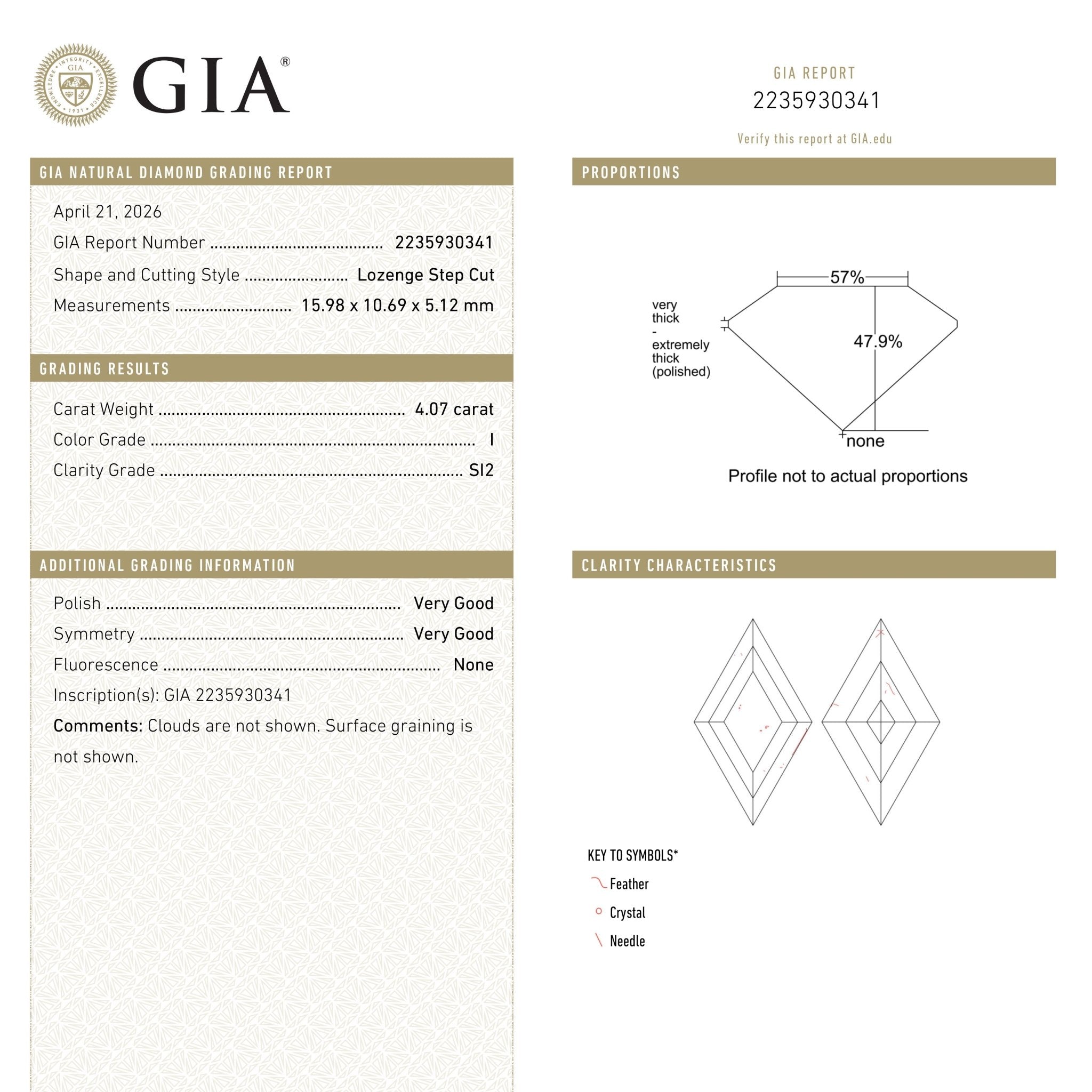 4.06ct 15.98x10.69x5.12mm GIA SI2 I Lozenge Step Cut 28010-01 - MTD