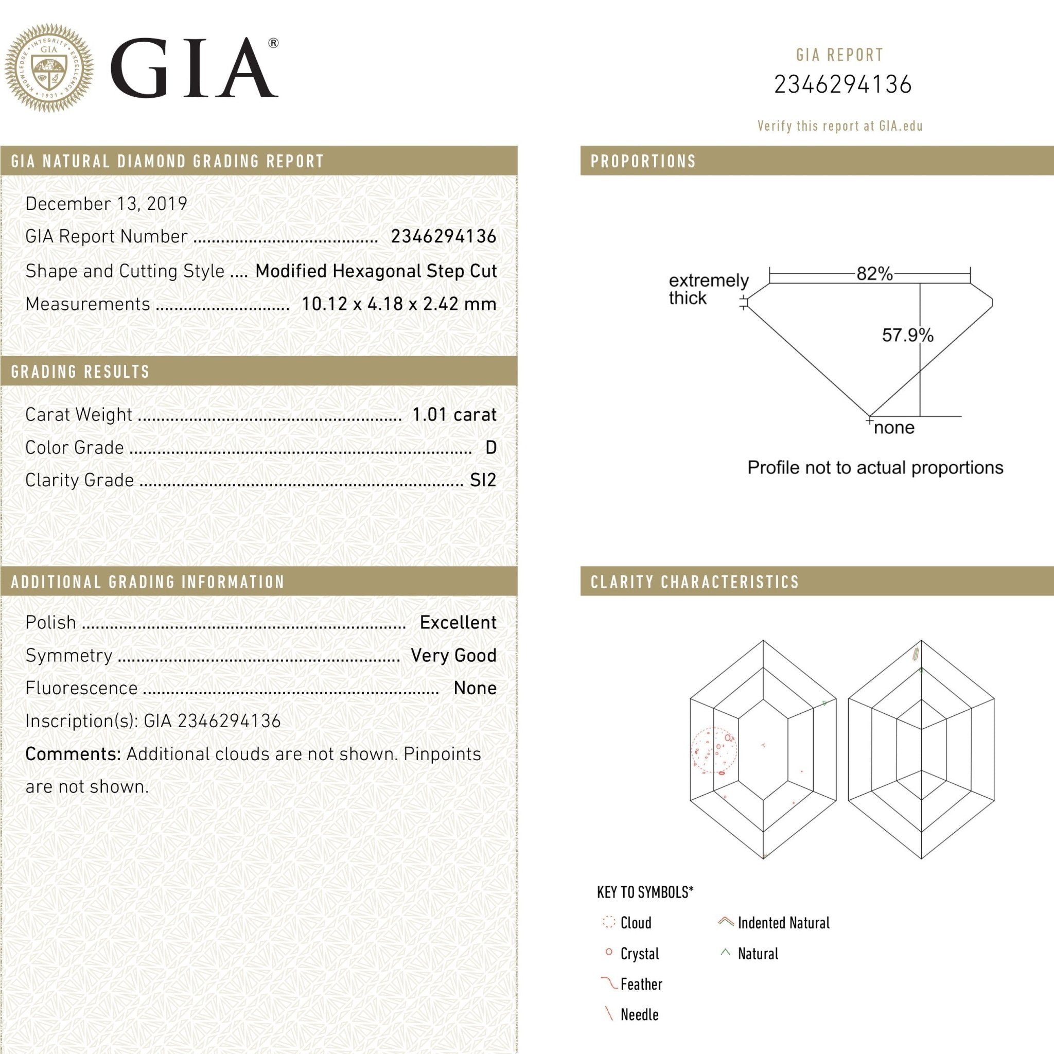 1.01ct 10.12x4.18x2.42mm GIA SI2 D Hexagon Step Cut 22621 - 01 - MTD