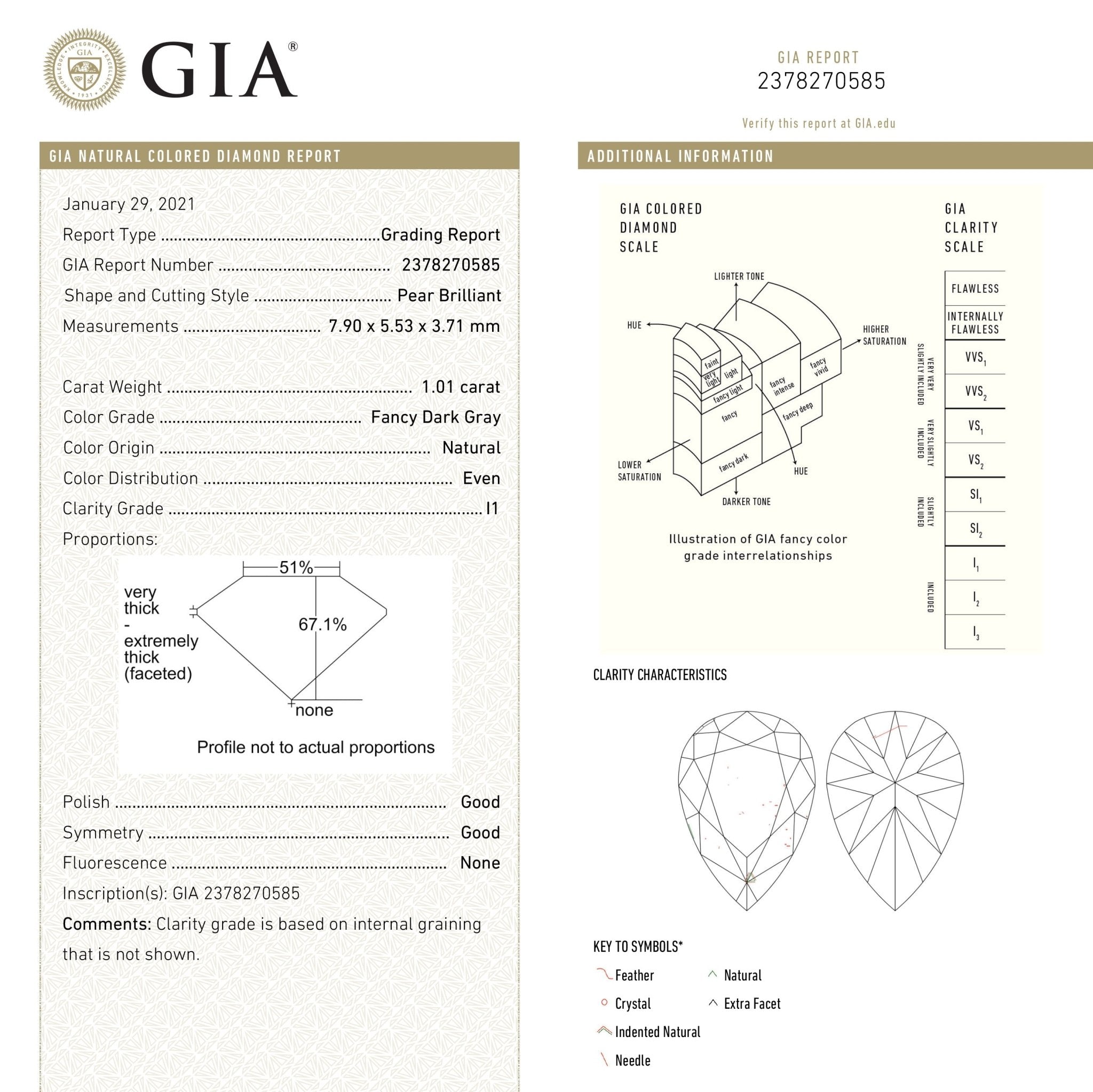 1.01ct 7.90x5.53x3.71mm GIA I1 Fancy Dark Grey Pear Brilliant 19544 - 01 - MTD