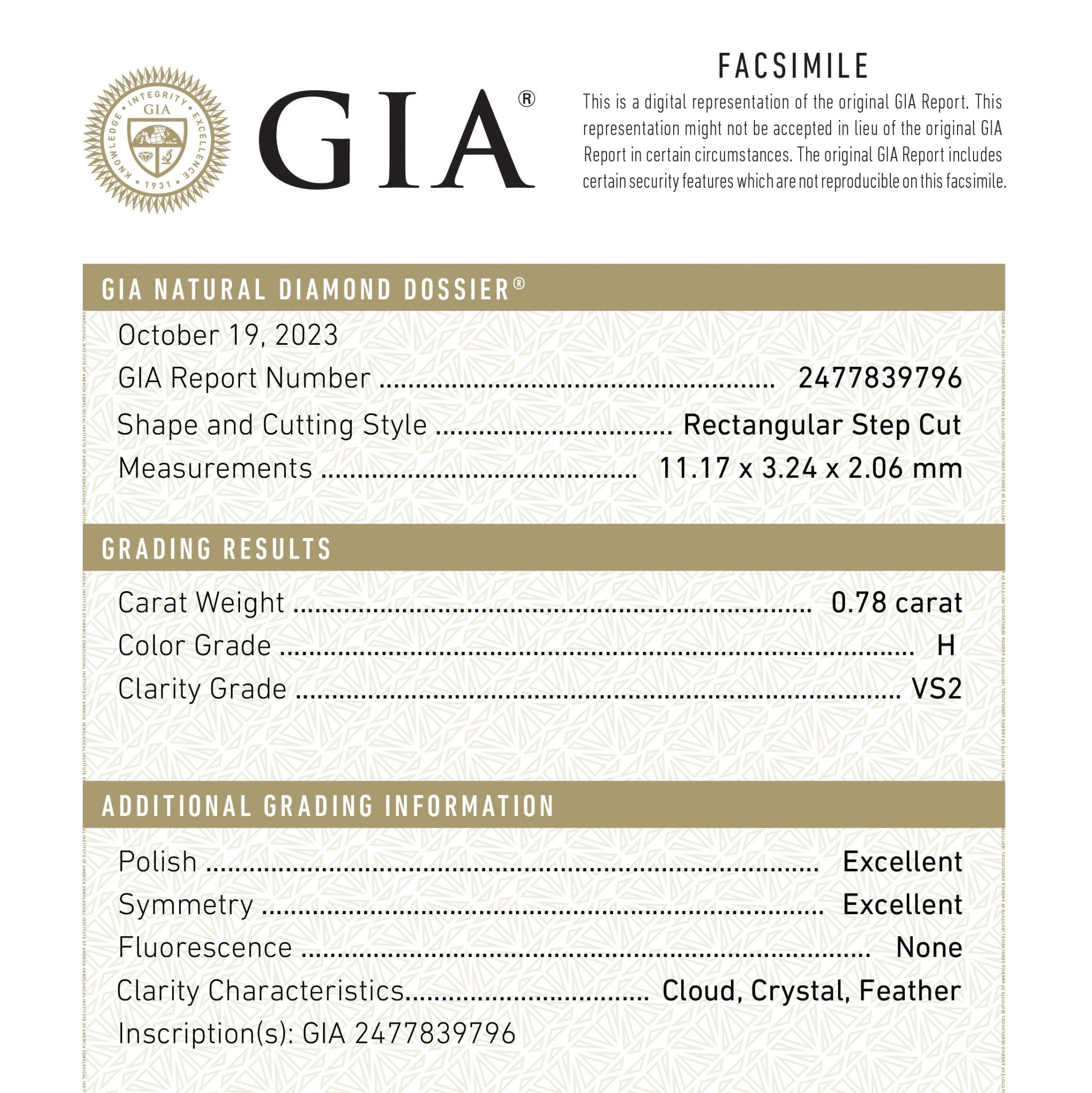 0.78ct 11.17x3.24x2.06mm GIA VS2 H Baguette Step Cut 24303 - 01 - MTD