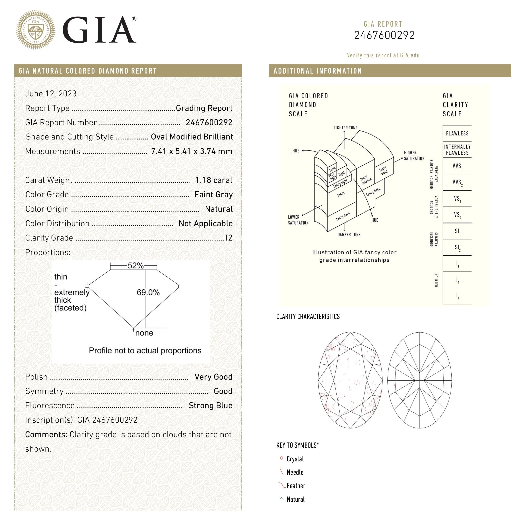 1.18ct 7.41x5.41x3.74mm GIA I2 Faint Grey Oval Brilliant 23894 - 01 - MTD
