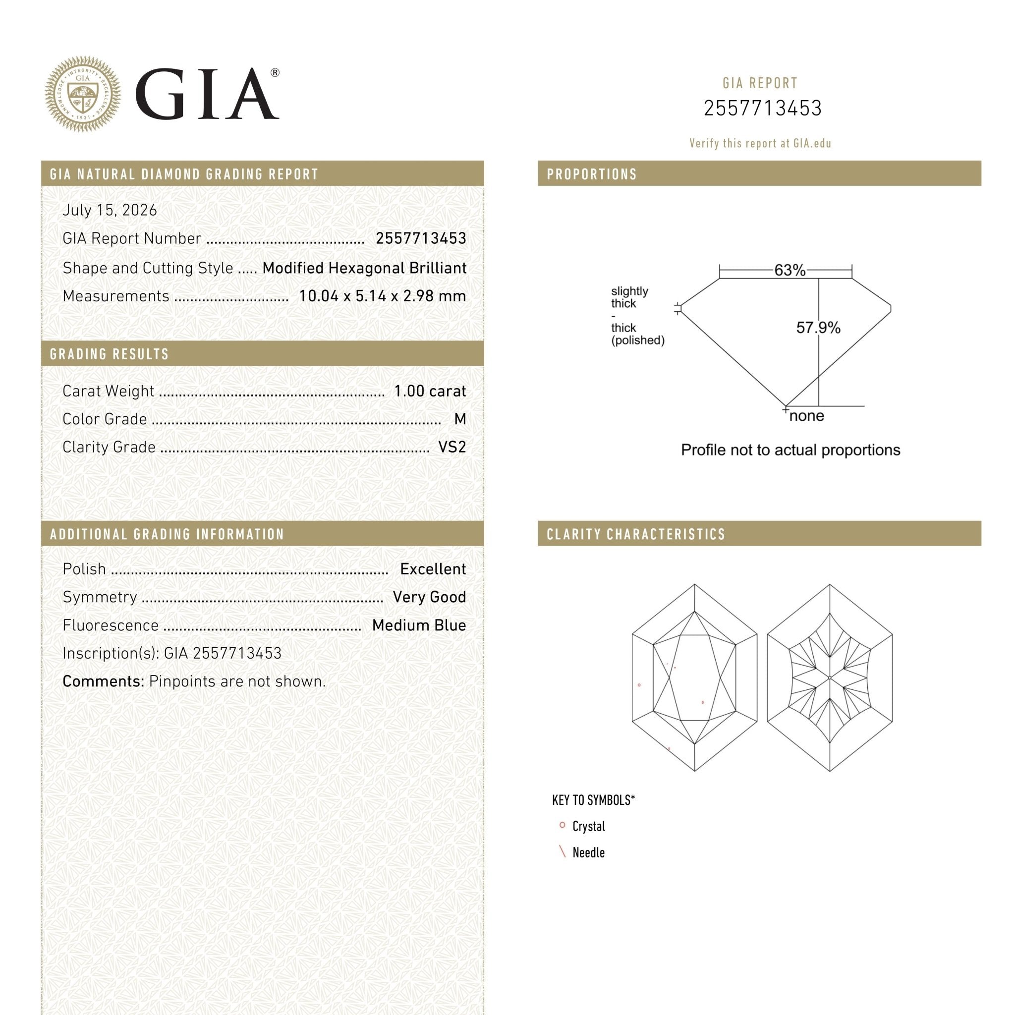 1.00ct 10.04x5.14x2.98mm GIA VS2 M Hexagon Brilliant 28310-01 - MTD