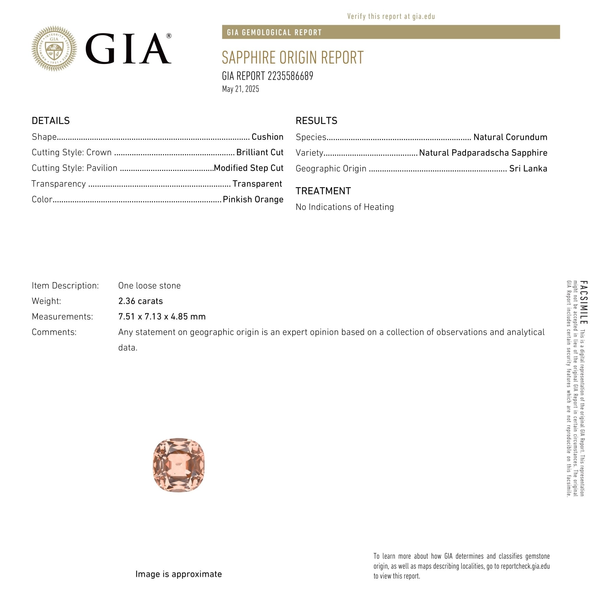 2.36ct 7.51x7.13x4.85mm GIA Padparadscha Cushion Brilliant Sapphire 27417 - 01 - MTD