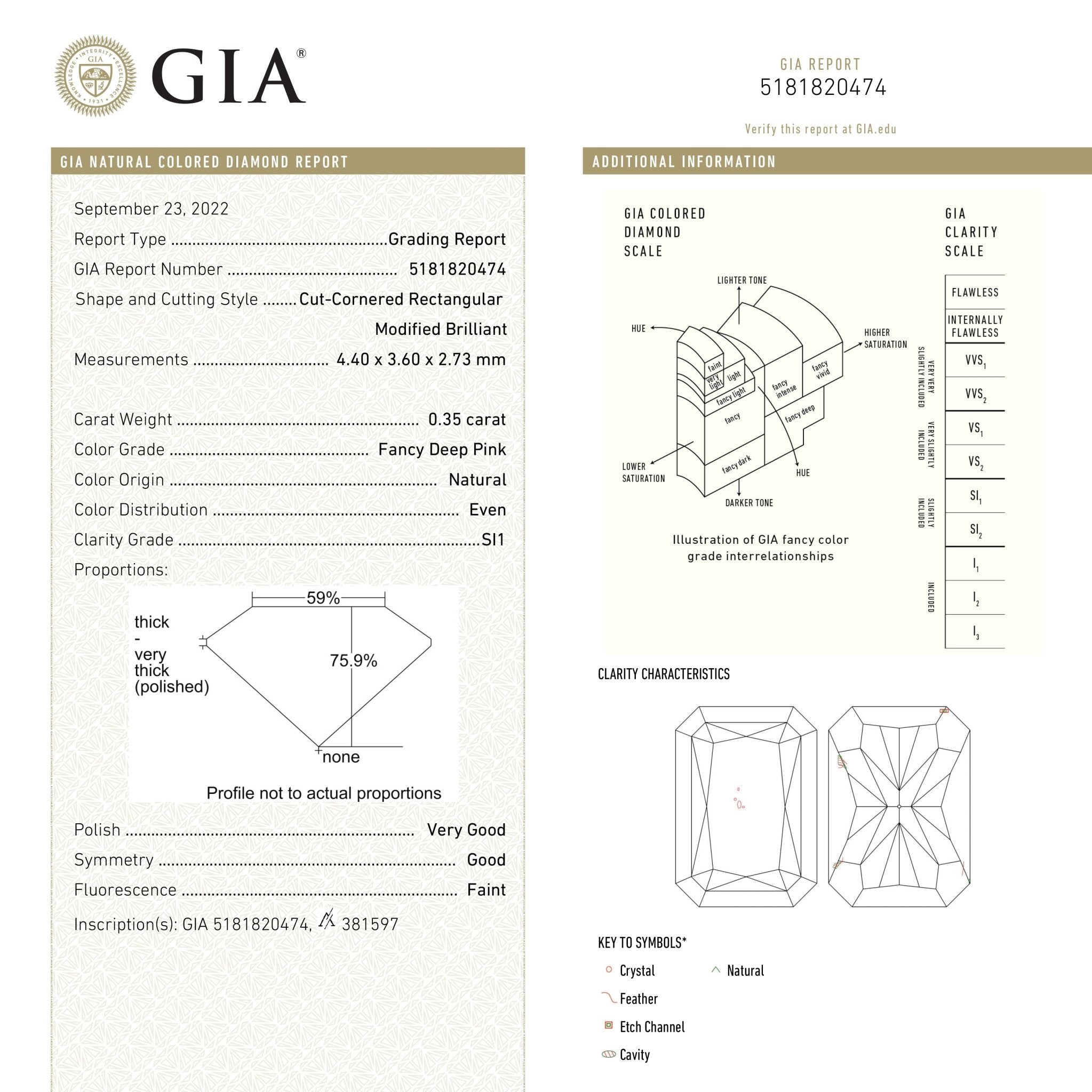 0.35ct 4.40x3.60x2.73mm GIA SI1 Fancy Deep Pink Cut Corner Rectangle Brilliant 24155 - 01 - MTD