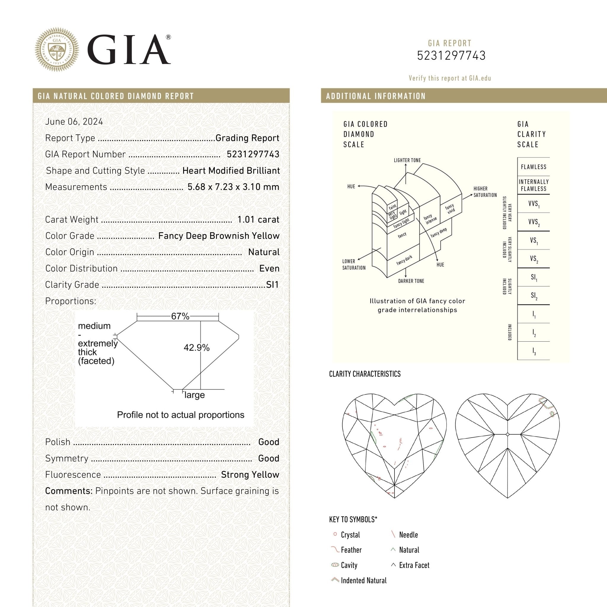 1.01ct 5.68x7.23x3.10mm GIA SI1 Fancy Deep Brownish Yellow Heart Brilliant 28350-01 - MTD