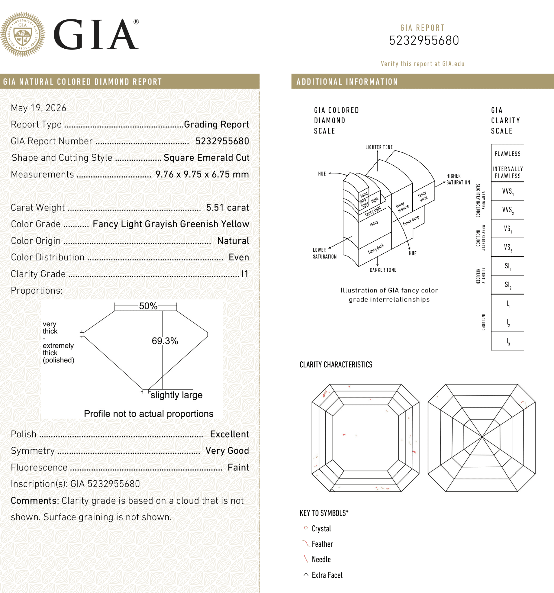 5.51ct 9.76x9.75x6.75mm GIA I1 Fancy Greyish Greenish Yellow Cut Corner Square Step Cut 28026-01 - MTD