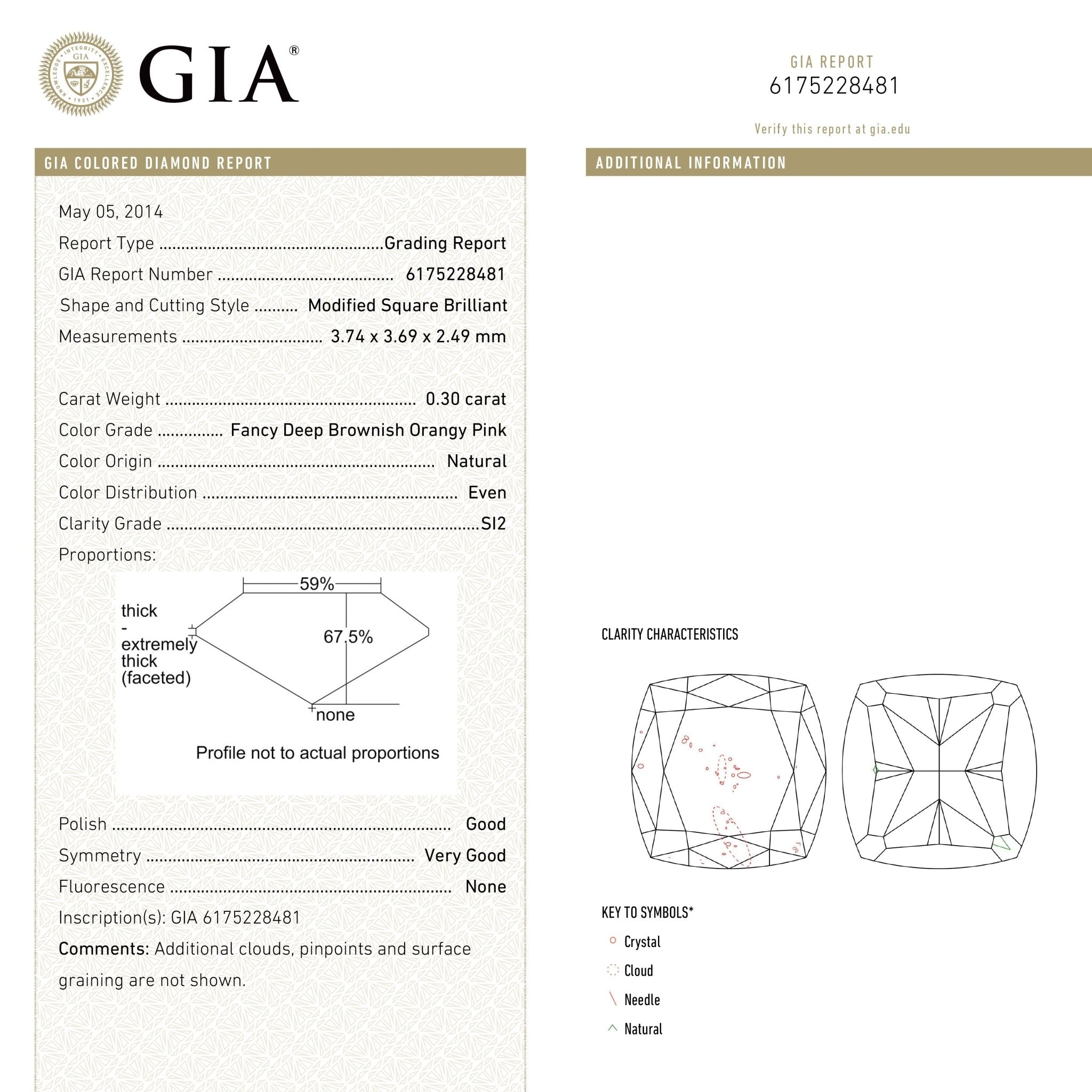 0.30ct 3.74x3.69x2.49mm GIA SI2 Fancy Deep Brownish Orangy Pink Cushion Brilliant 🇦🇺 24104 - 01 - MTD