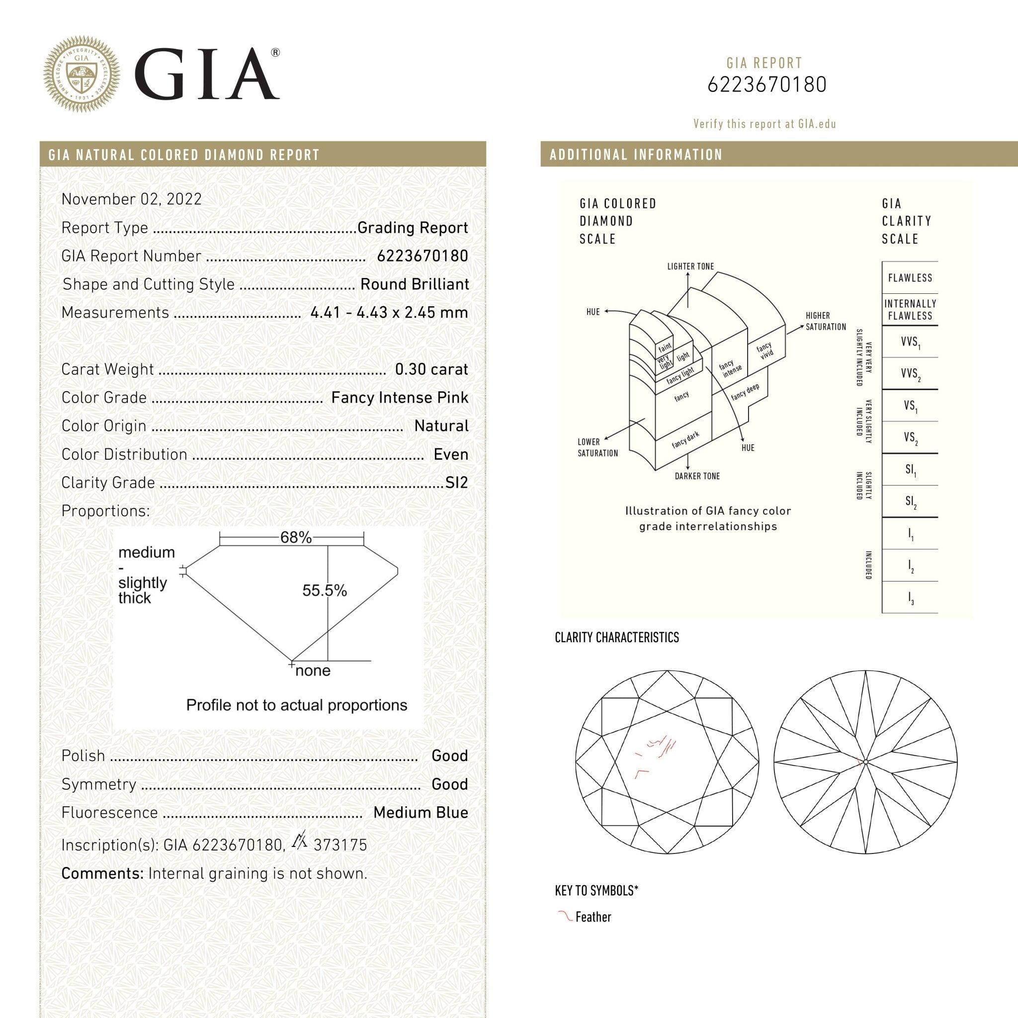 0.30ct 4.43x4.41x2.45mm GIA SI2 Fancy Intense Pink Round Brilliant 24144-01 - MTD