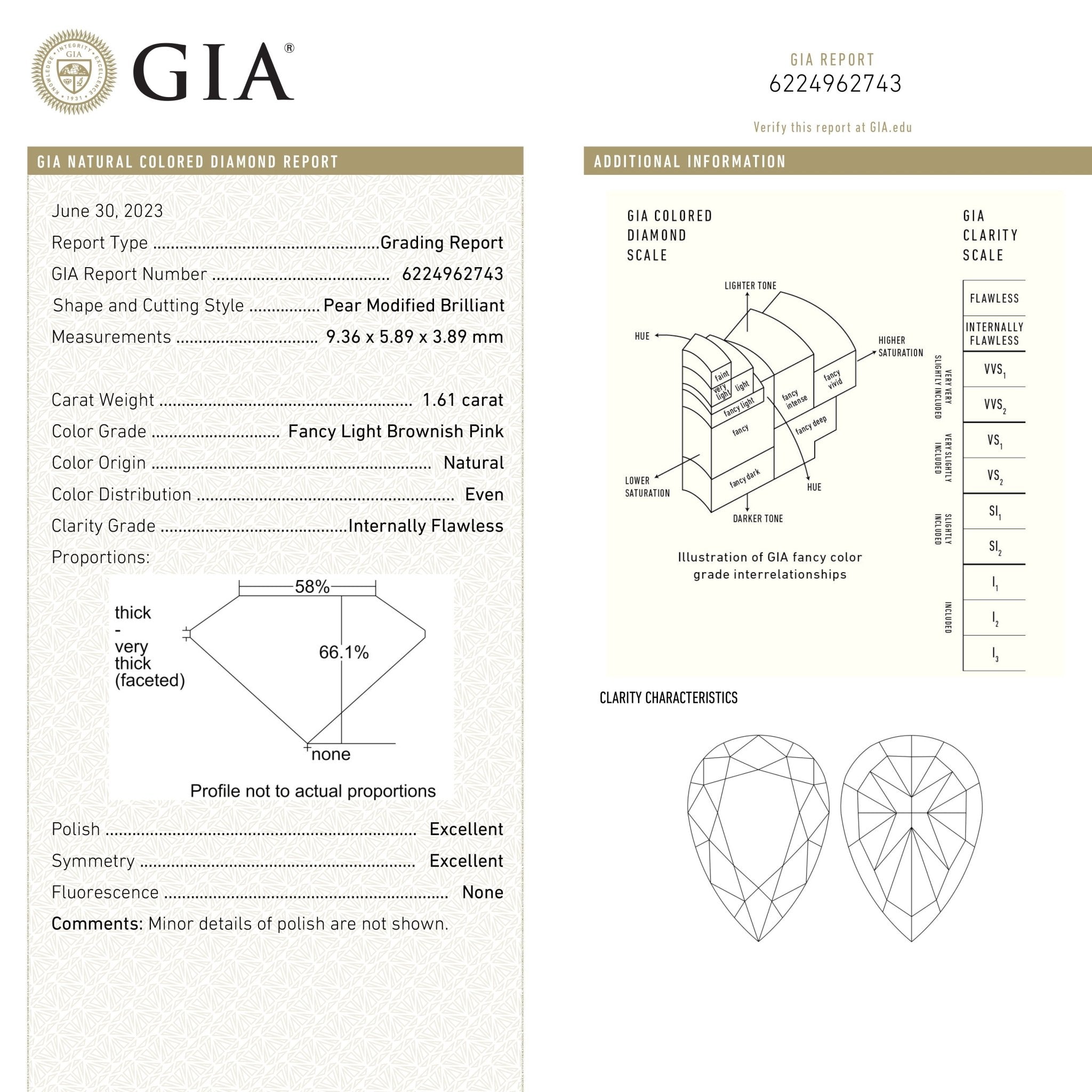 1.61ct 9.36x5.89x3.89mm GIA Internally Flawless Fancy Light Brownish Pink Pear Brilliant 24160-01 - MTD