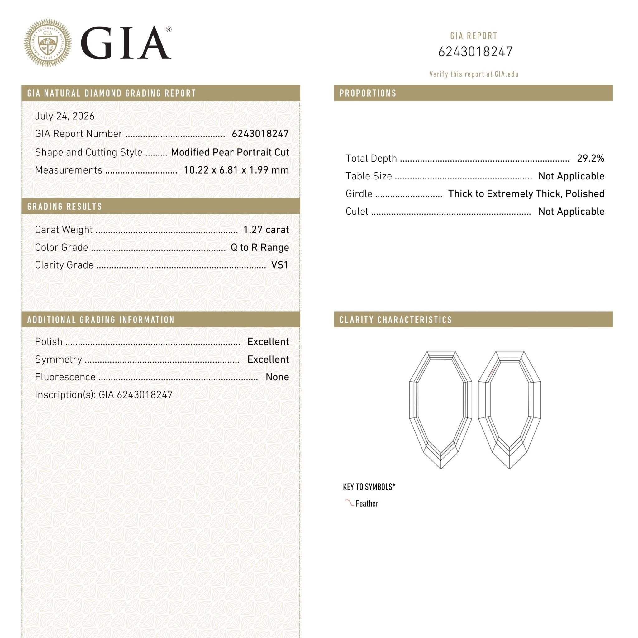 1.27ct 10.22x6.81x1.99mm GIA VS1 Q-R Geo Pear Portrait Cut 28329-01 - MTD