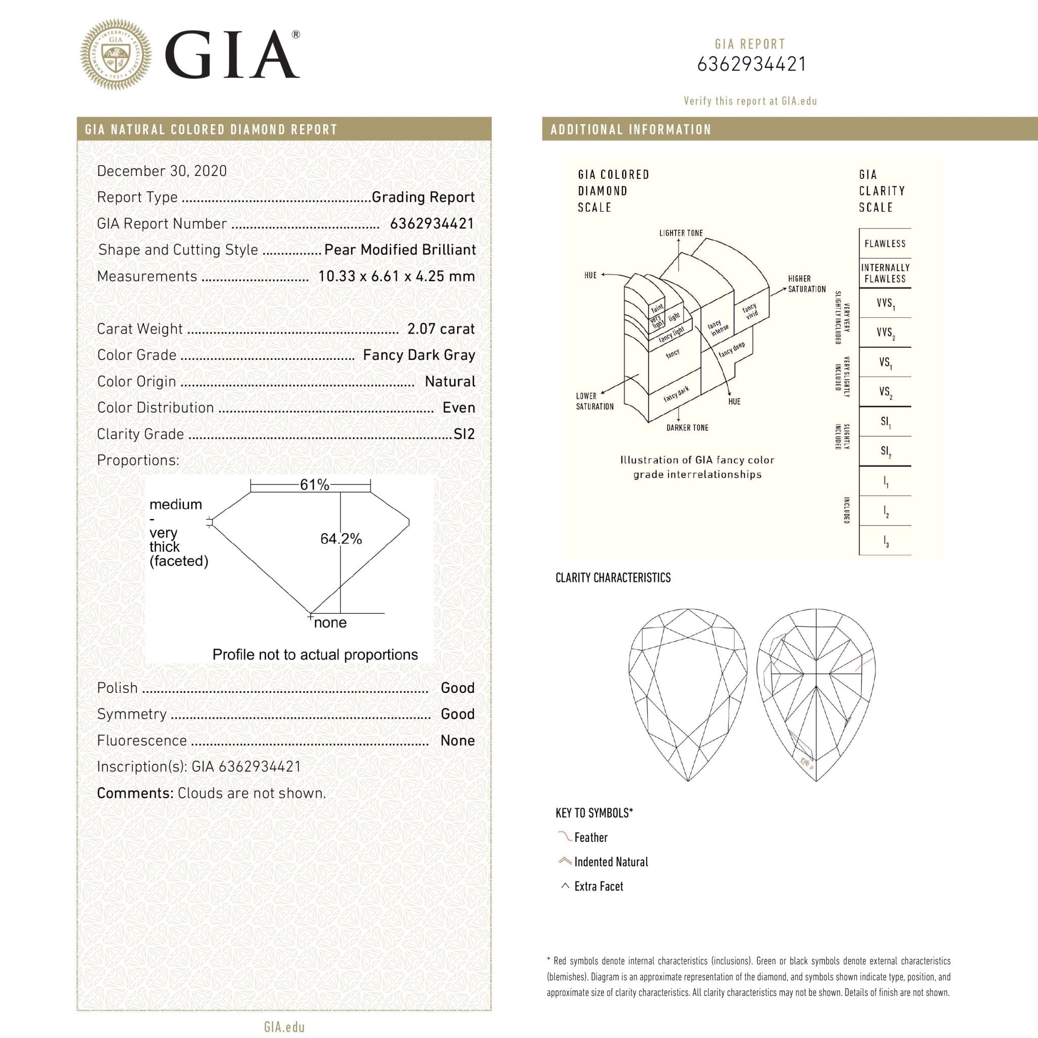 2.07ct 10.33x6.61x4.25mm GIA SI2 Fancy Dark Grey Pear Brilliant 19549-01 - MTD