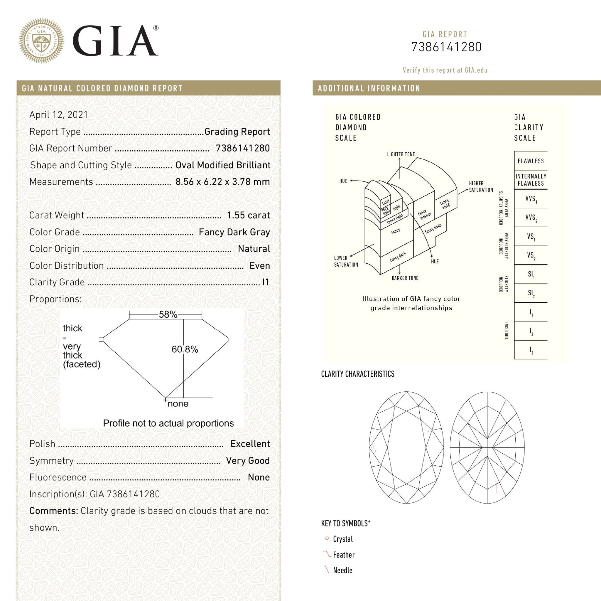 1.55ct 8.56x6.22x3.78mm GIA I1 Fancy Dark Grey Oval Brilliant 19266-01 - MTD