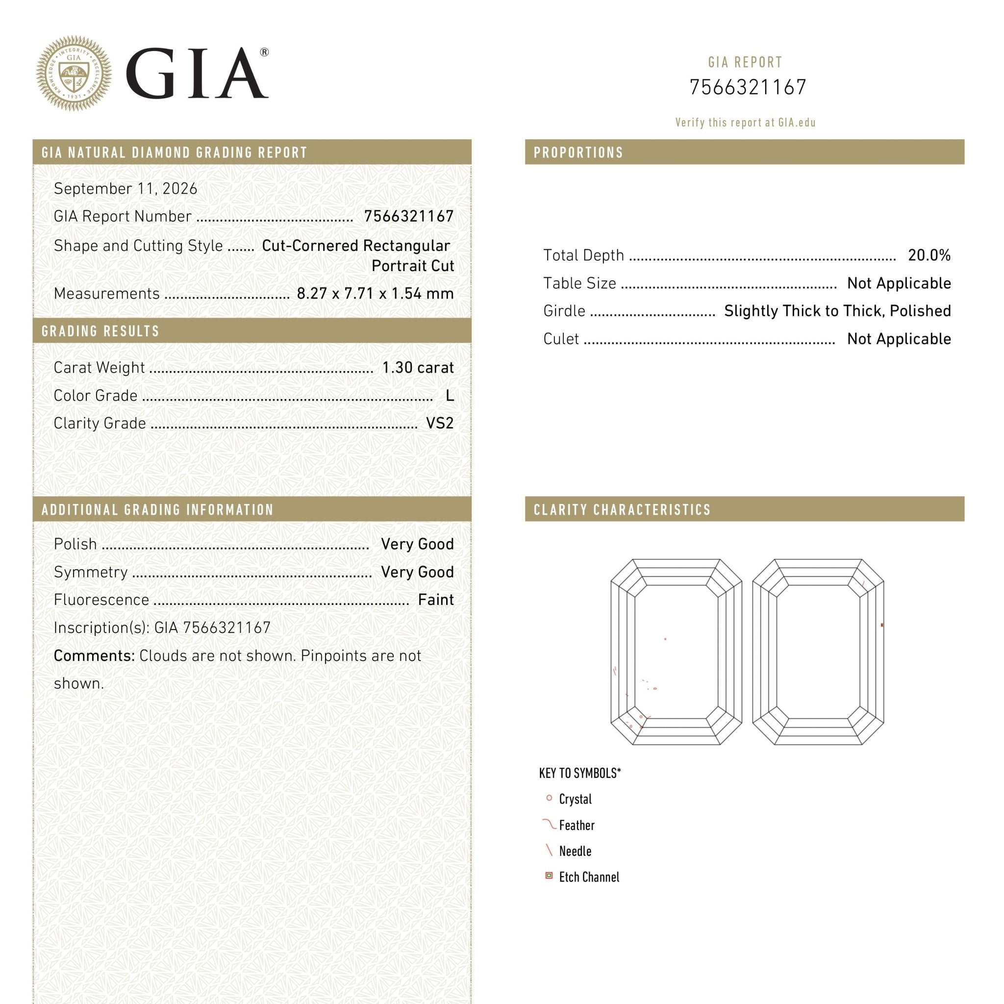1.30ct 8.27x7.71x1.54mm GIA VS2 L Cut Corner Square Portrait Cut 28328-01 - MTD