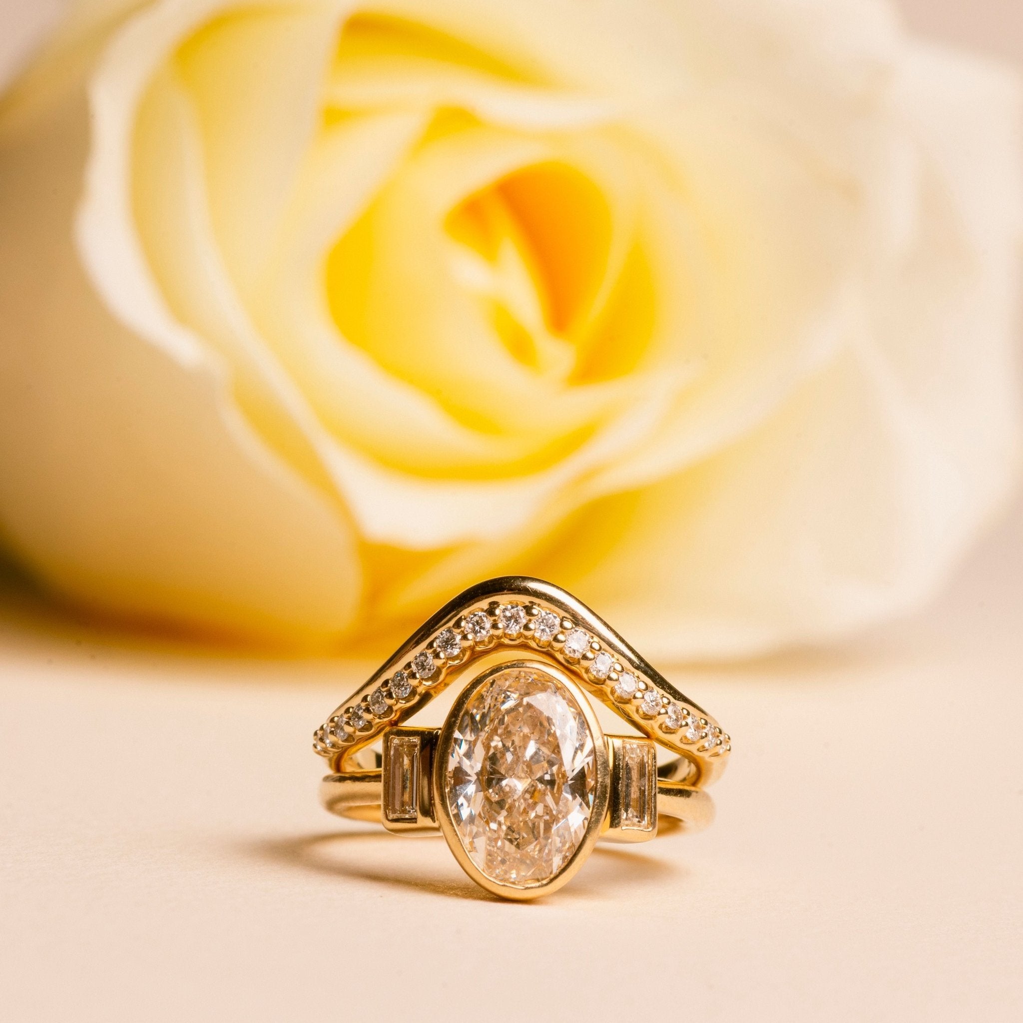 Estelle Three Stone Oval and Baguette Diamond Engagement Ring - MTD