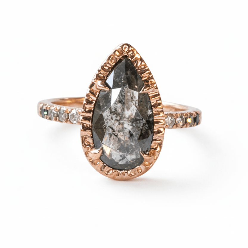 Wendy Pear Salt and Pepper Diamond Hammered Halo Engagement Ring - MTD