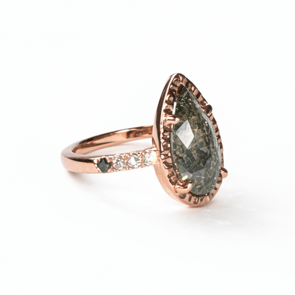 Wendy Pear Salt and Pepper Diamond Hammered Halo Engagement Ring - MTD
