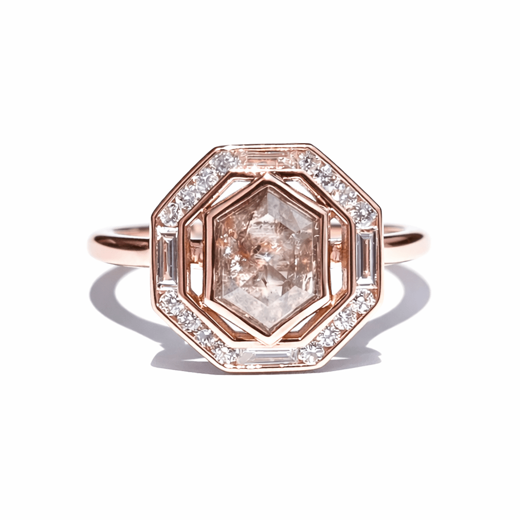 Northern Lights Elongated Hexagon Salt and Pepper Diamond Engagement Ring - MTD