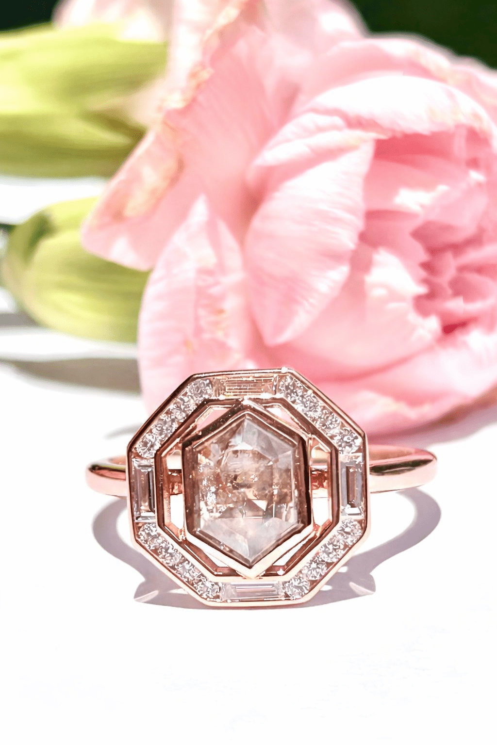 Northern Lights Elongated Hexagon Salt and Pepper Diamond Engagement Ring - MTD