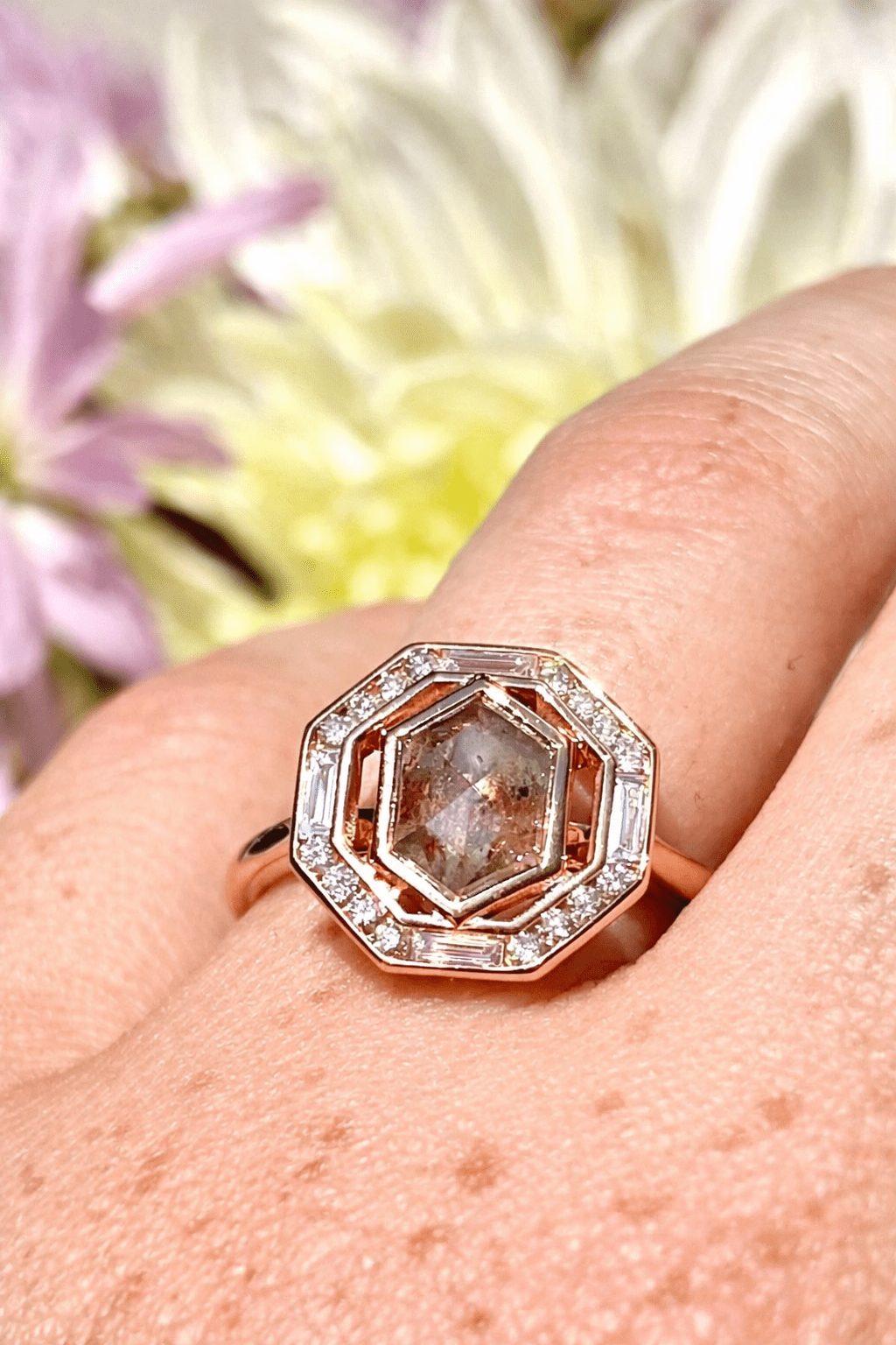Northern Lights Elongated Hexagon Salt and Pepper Diamond Engagement Ring - MTD