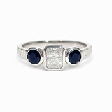 Amelia Three Stone Diamond and Sapphire Bezel Set White Gold Engagement Ring