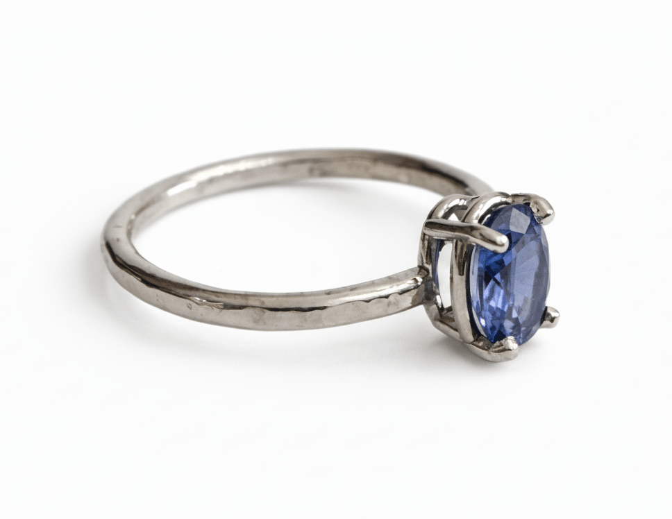 Blue Tang Oval Sapphire Hammered White Gold Engagement Ring - MTD