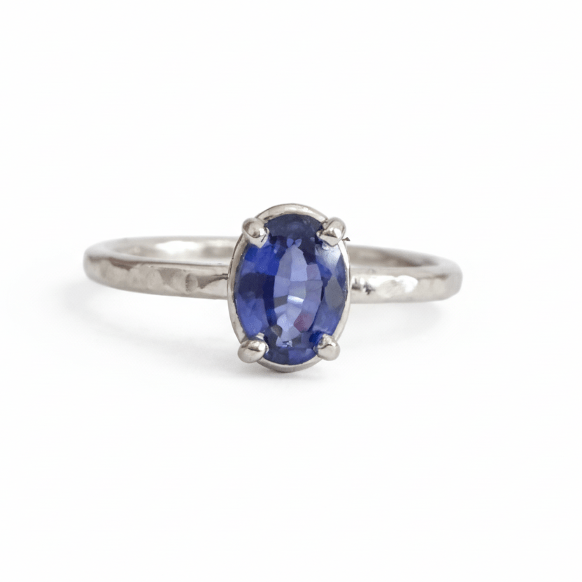 Blue Tang Oval Sapphire Hammered White Gold Engagement Ring - MTD