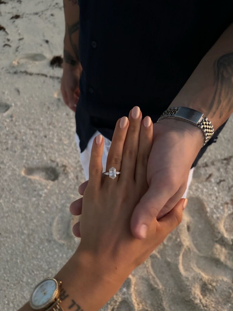 Aaliyah Three Stone Elongated Hexagon Moissanite Engagement Ring - MTD