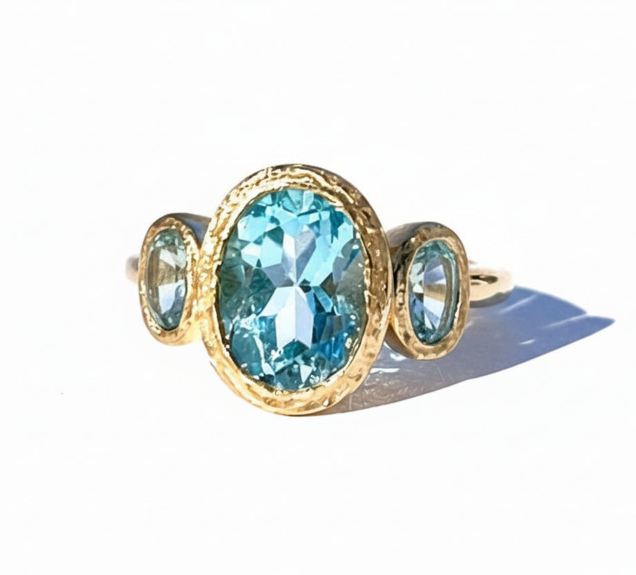 Aqua 3 Stone Bezel Set Aquamarine Engagement Ring - MTD