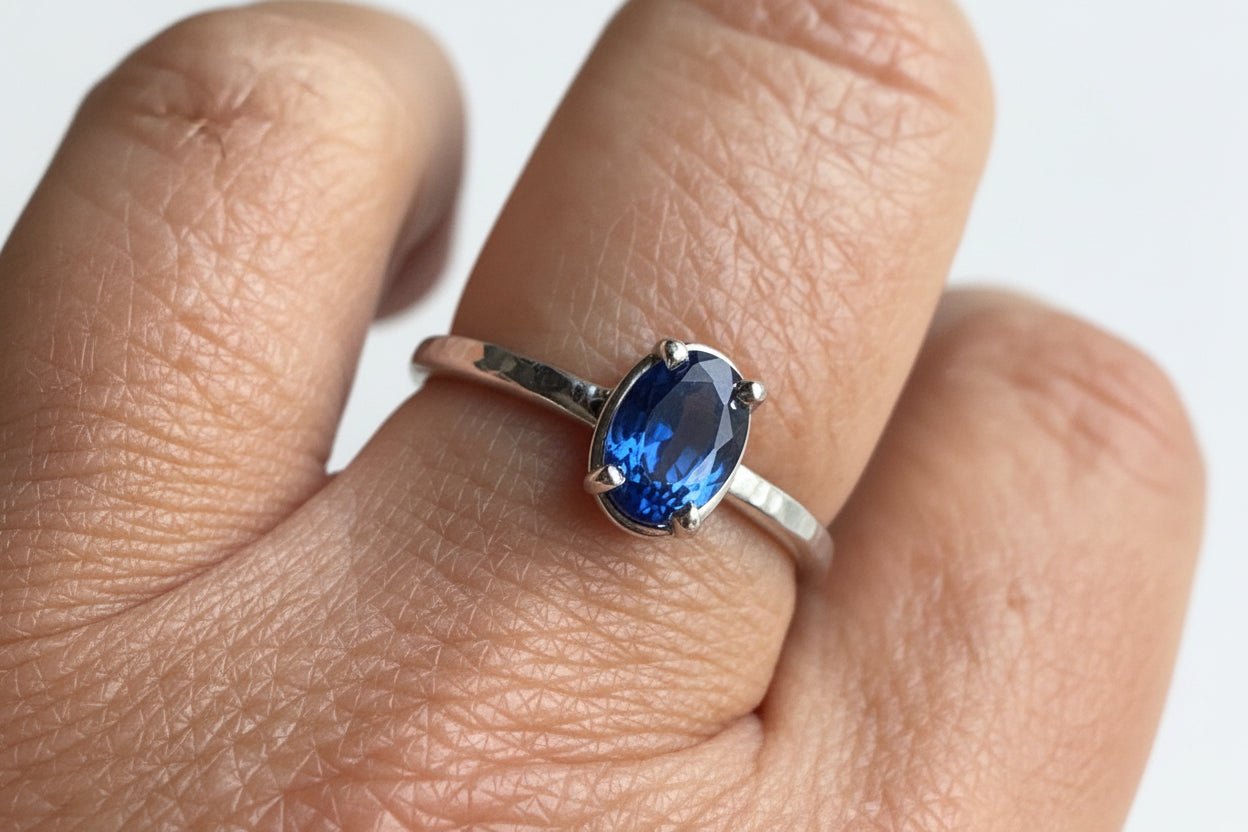 Blue Tang Oval Sapphire Hammered White Gold Engagement Ring - MTD
