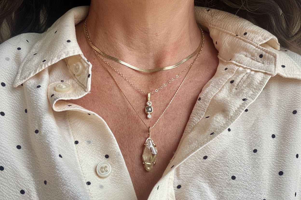 Diamond Pebbles Necklace | 14k Hammered Gold Diamond Necklace - MTD