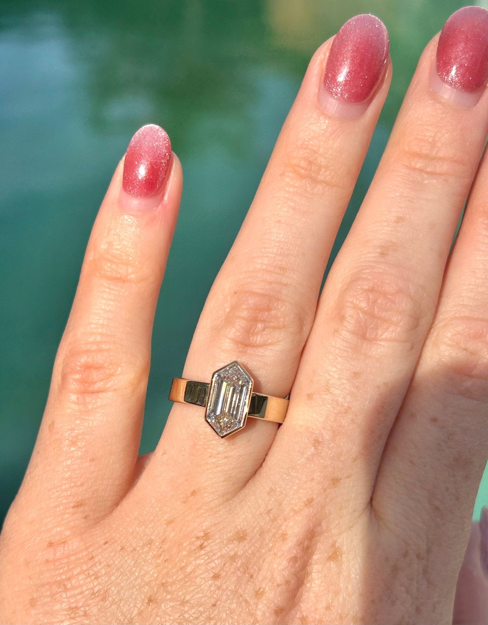 Jane Elongated Hexagon Step Cut Bezel Set Diamond Engagement Ring - MTD