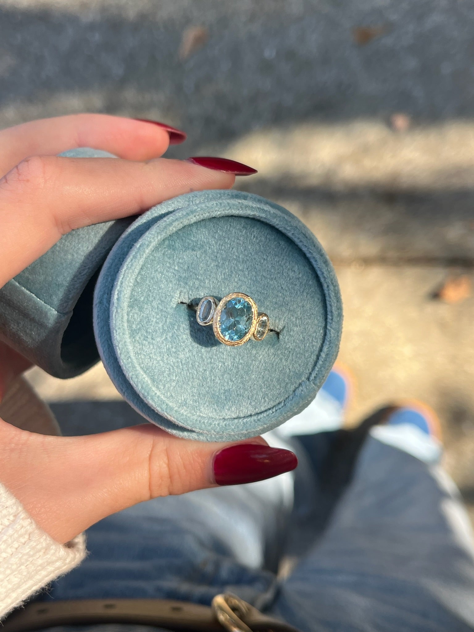 Aqua Three Stone Bezel Set Aquamarine Engagement Ring - MTD