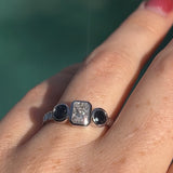 Amelia Three Stone Diamond and Sapphire Bezel Set White Gold Engagement Ring