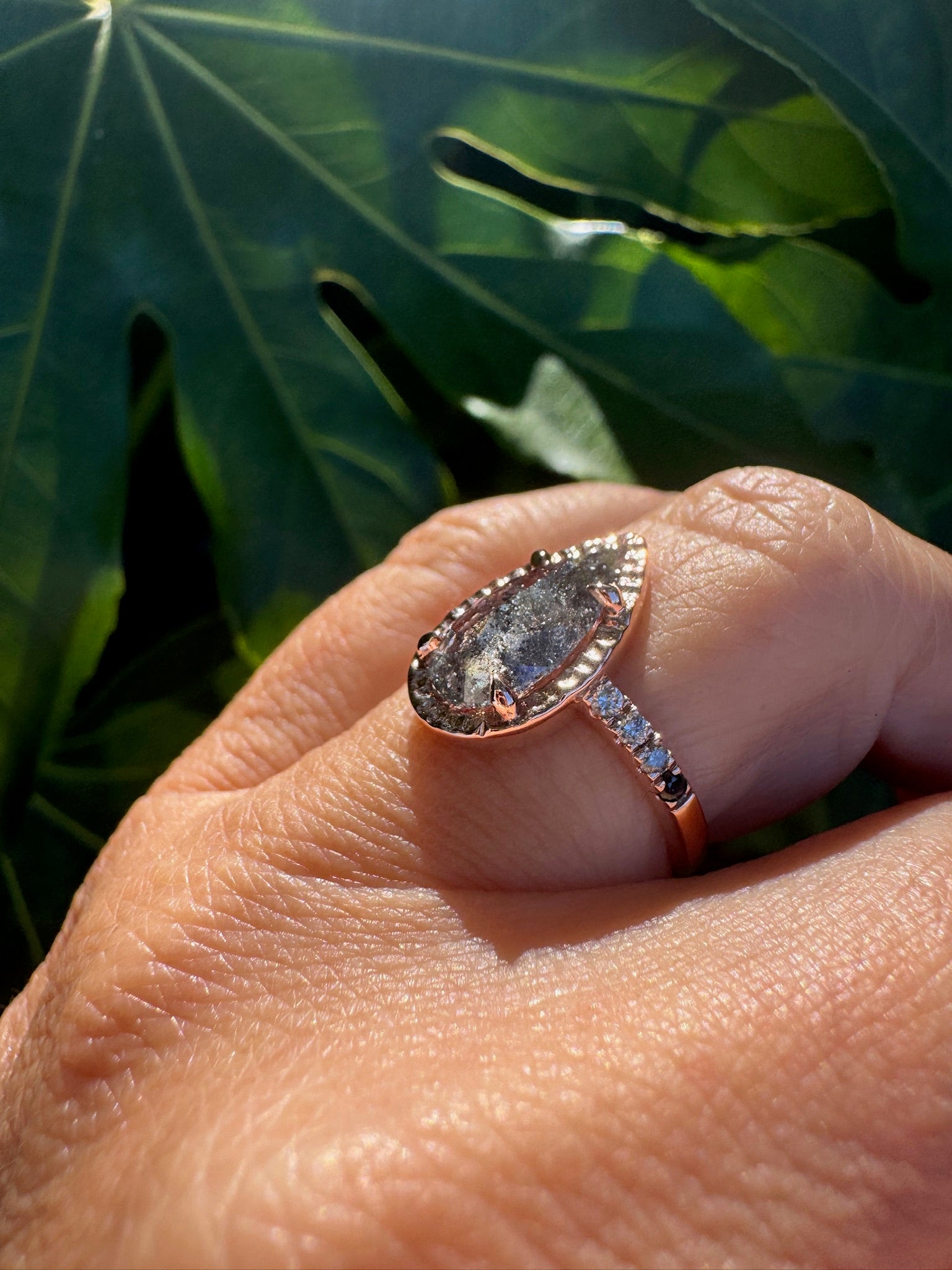 Wendy Pear Salt and Pepper Diamond Hammered Halo Engagement Ring - MTD